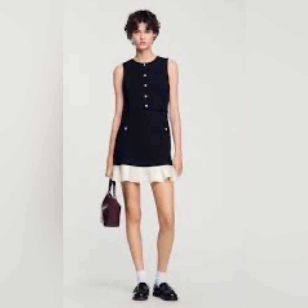 Sandro Black and Cream Mini Dress with Buttons